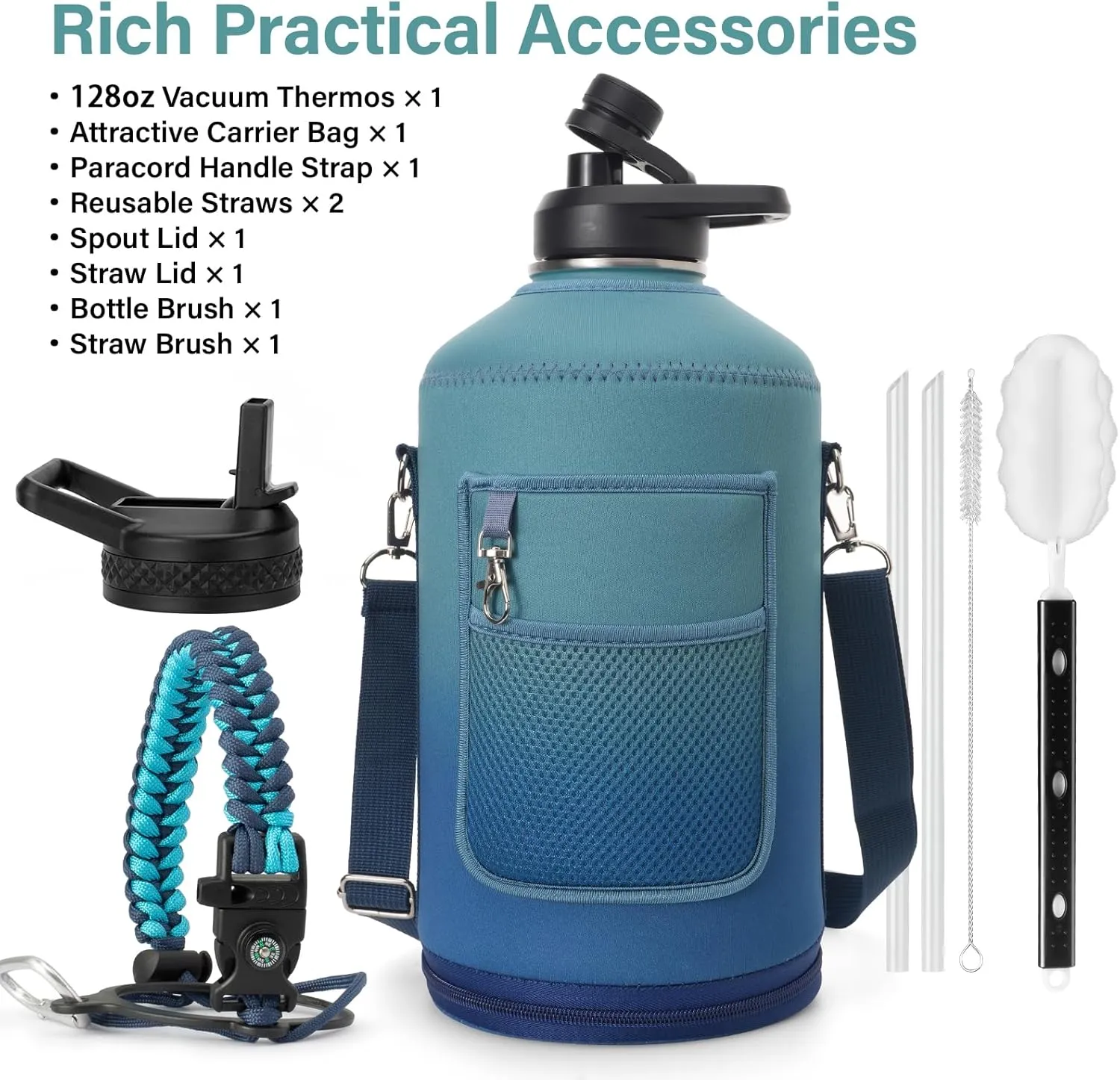 1 Gallon Water Bottle Insulated | Thickened Stainless Steel Vacuum Metal Water Jug | Portable Sports Large Thermos for Gym and Hiking with Straw, Carrier Bag, Handle Strap | BPA-Free 128 oz