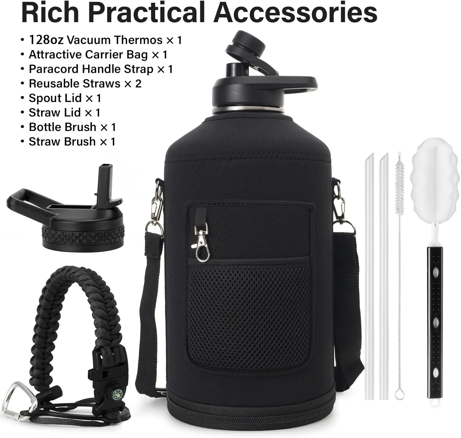 1 Gallon Water Bottle Insulated | Thickened Stainless Steel Vacuum Metal Water Jug | Portable Sports Large Thermos for Gym and Hiking with Straw, Carrier Bag, Handle Strap | BPA-Free 128 oz