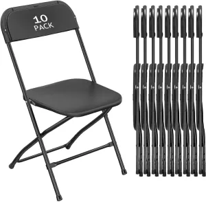10 Pack Black Plastic Folding Chair for Indoor Outdoor Commercial, 350 lb Capacity Plastic Folding Chairs with Steel Frame for Office Wedding Party Events