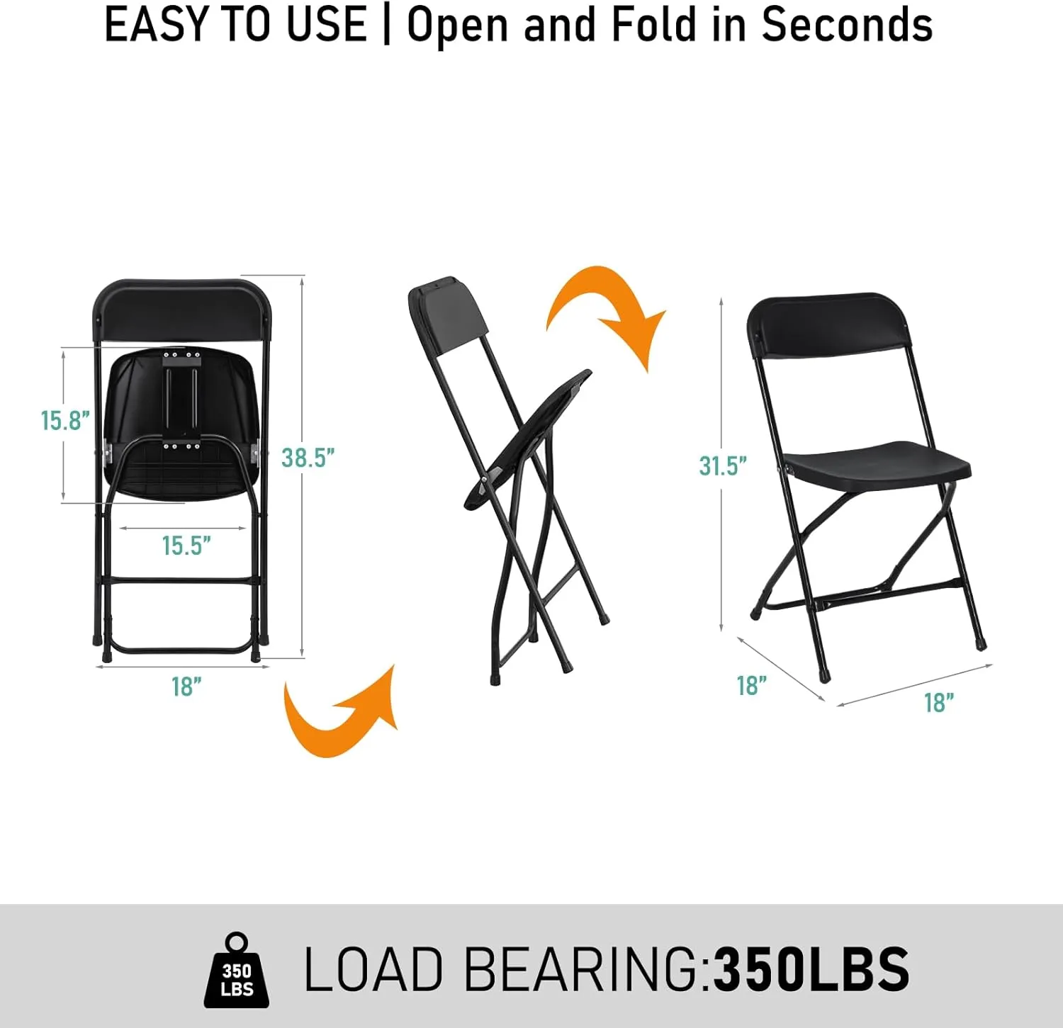 10 Pack Black Plastic Folding Chair for Indoor Outdoor Commercial, 350 lb Capacity Plastic Folding Chairs with Steel Frame for Office Wedding Party Events