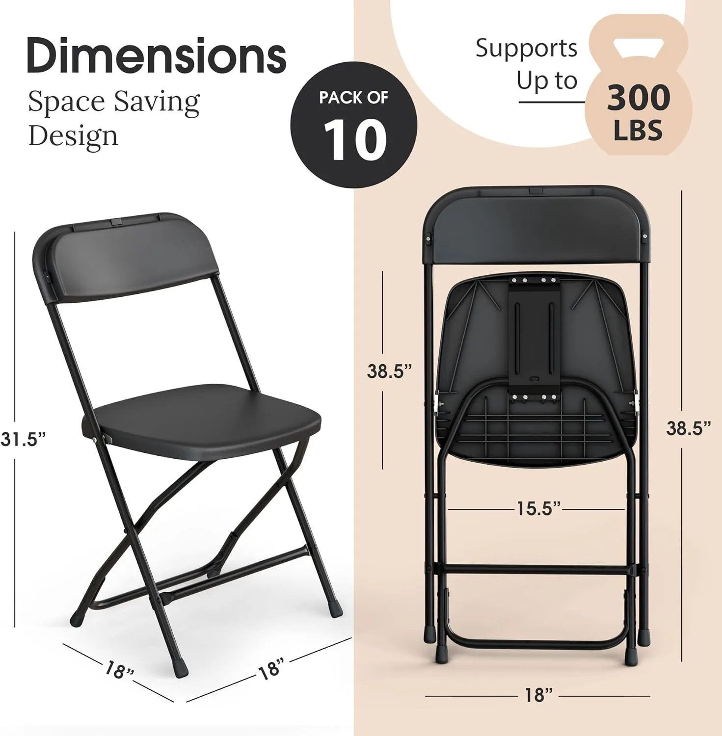 10 PACK White Foldable Plastic Chair | Folding & Stackable | 350 lbs Capacity Steel Frame Seats for Indoor Outdoor | Commercial Use Events Wedding Party Events Bulk Picnic Kitchen Dining