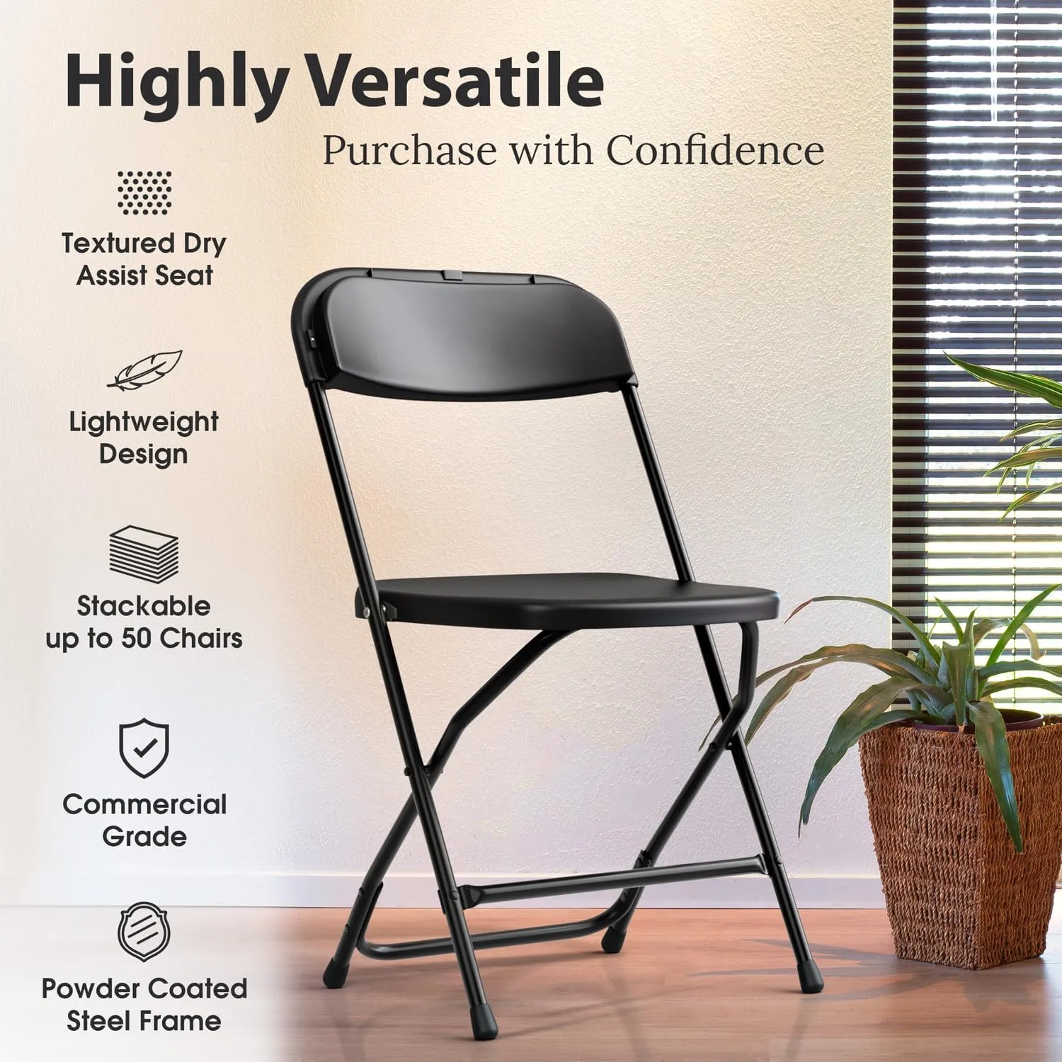 10 PACK White Foldable Plastic Chair | Folding & Stackable | 350 lbs Capacity Steel Frame Seats for Indoor Outdoor | Commercial Use Events Wedding Party Events Bulk Picnic Kitchen Dining