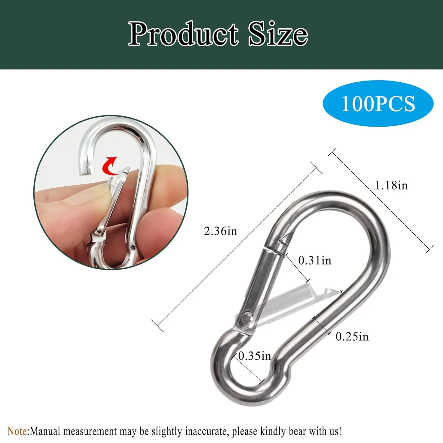 100PCS M6 2-3/8" Spring Snap Hooks Heavy Duty Carabiner Clips, 2.4" Galvanized Steel Quick Link Clip, 260LBS Holding Capacity Keychain Clip for Swing Hammock Gym Outdoor Hiking Camping