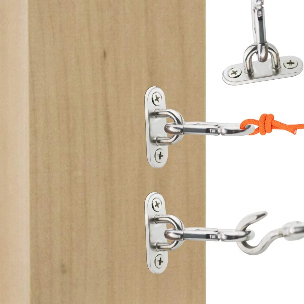 12 Pcs 304 Stainless Steel Eye Plate and Carabiner Clips Heavy Duty, Oblong Pad Eye Plate Metal Staple Ring Hook Hardware 2 Holes With Screw