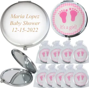12 PCS Personalized Custom Laser Engraving Baby Shower Compact Mirror Favor/Pink Baby Girl Makeup Mirrors with Organza Favor Bags/Gift for Guest