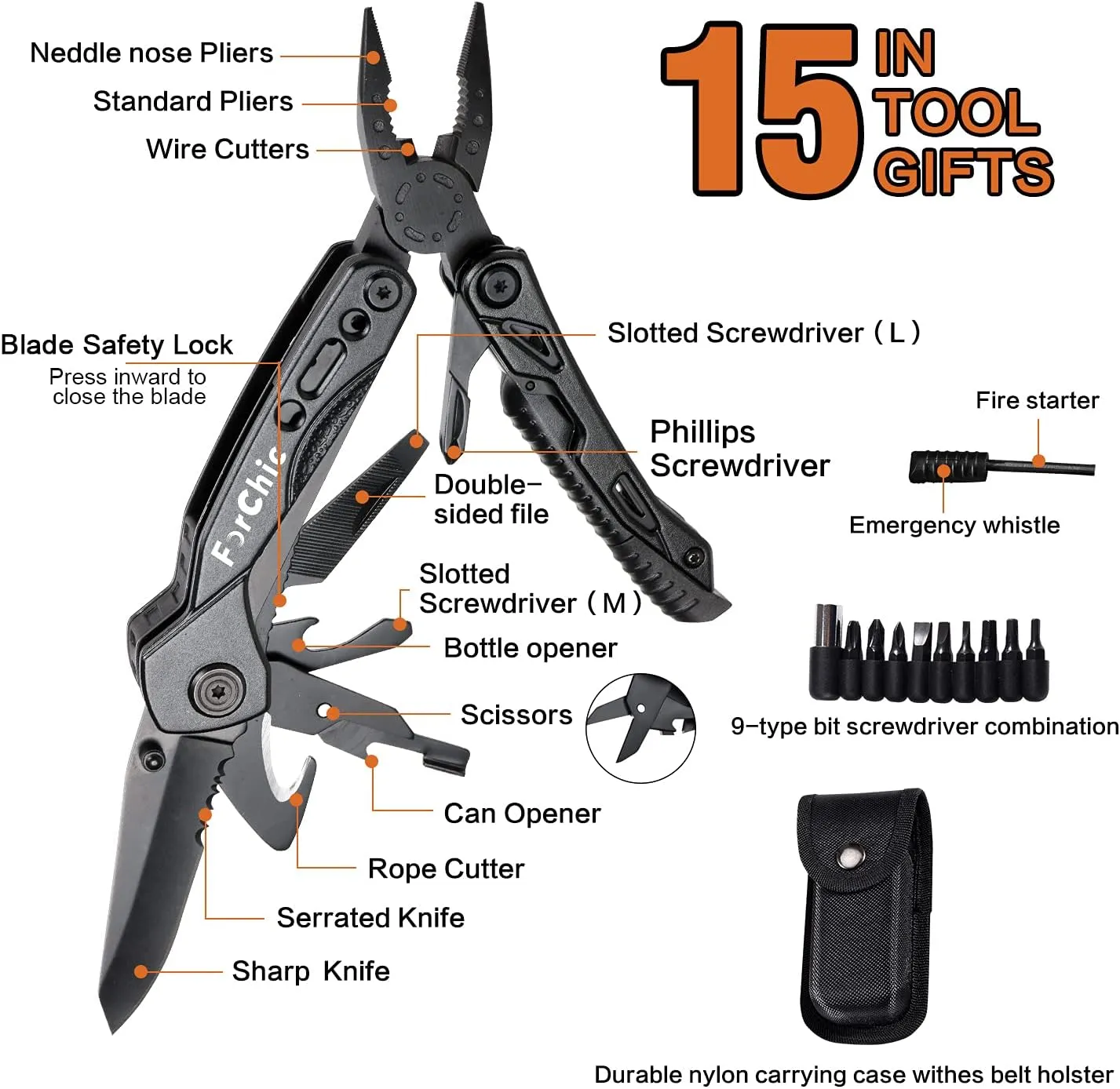 15 in 1 Multitool Pliers, Universal Gift for Men - Stocking Stuffers, Christmas Gifts for Him, Husband, Boyfriend or Grandpa