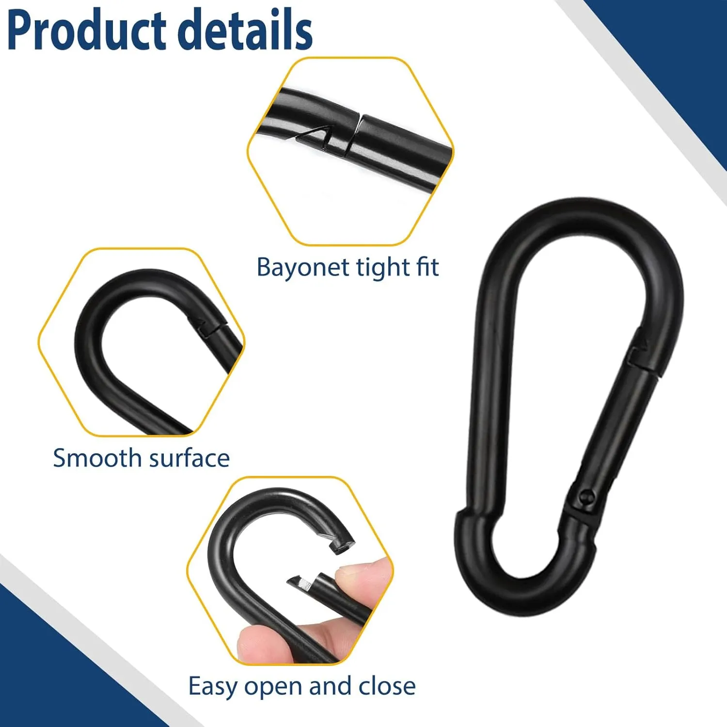 150 Pcs 2.36" M6 Spring Snap Hook Carabiners - Heavy Duty Galvanized Steel Keychain Clips for Hammock, Swing, Camping, Hiking & Outdoor Gear (Black)