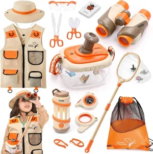 16PCS Explorer Kit & Bug Catcher Kit for Kids, Safari Costume & Camping Gear for Kids with Binoculars Compass Butterfly Net, Outdoor Toys STEM Gift for Toddlers Kids Boys Girls 3-5-7 Year Old