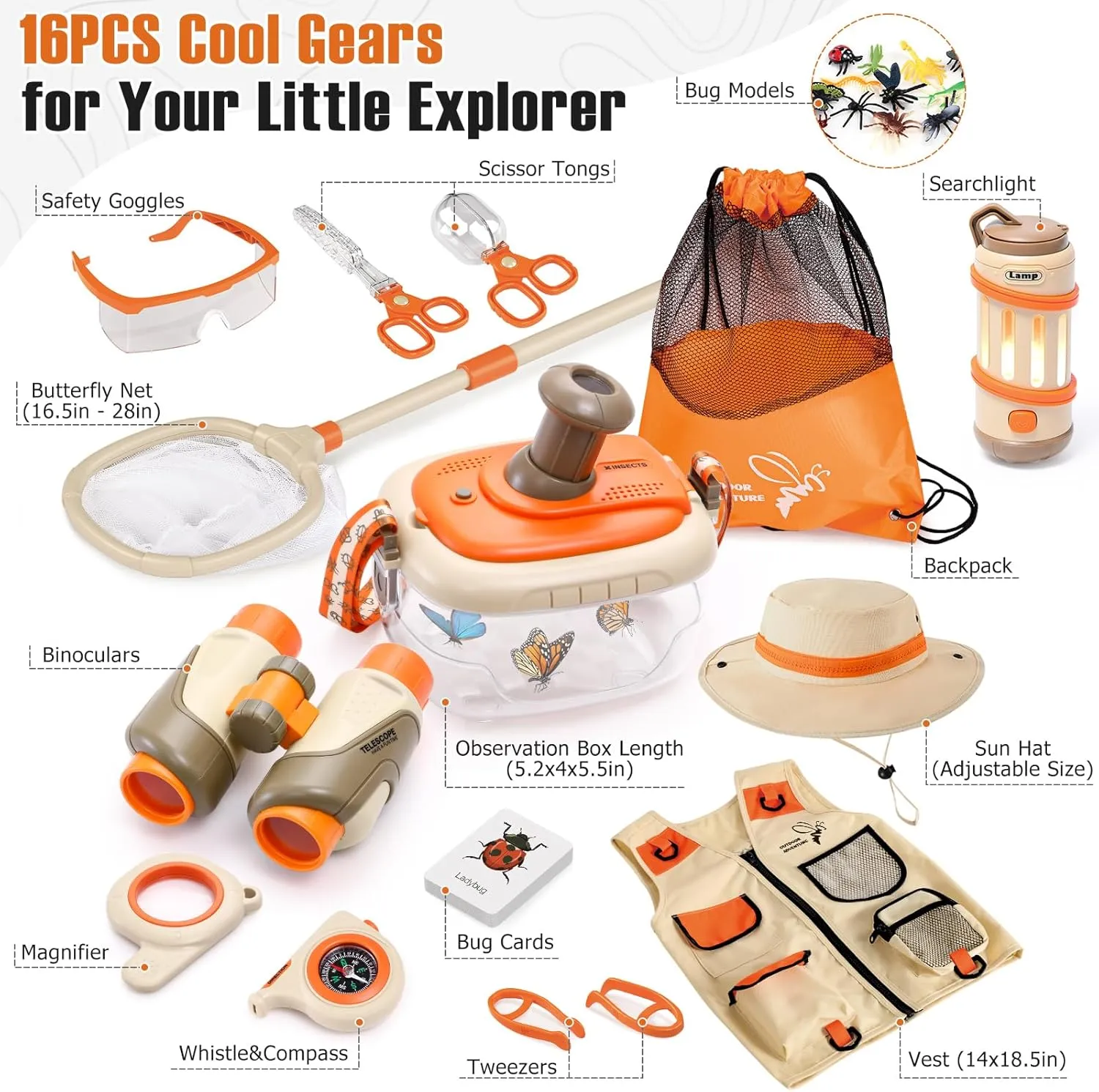 16PCS Explorer Kit & Bug Catcher Kit for Kids, Safari Costume & Camping Gear for Kids with Binoculars Compass Butterfly Net, Outdoor Toys STEM Gift for Toddlers Kids Boys Girls 3-5-7 Year Old