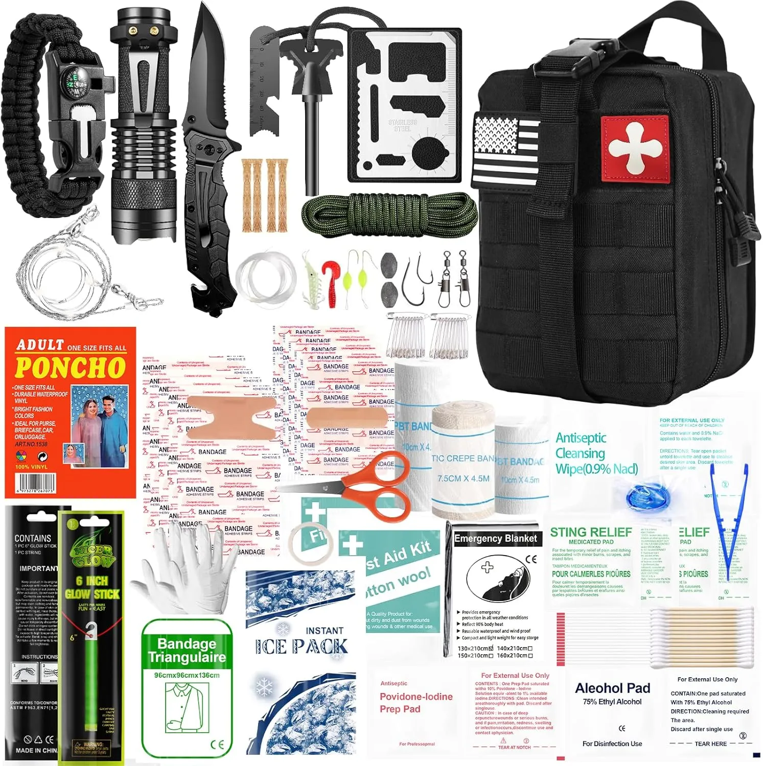 174-Piece Survival Kit with First Aid Supplies – Tactical IFAK Emergency Survival Gear with MOLLE System, Medical Supplies, and Essential Tools for Camping, Hunting, Hiking, Fishing, Car, and Outdoor Adventures