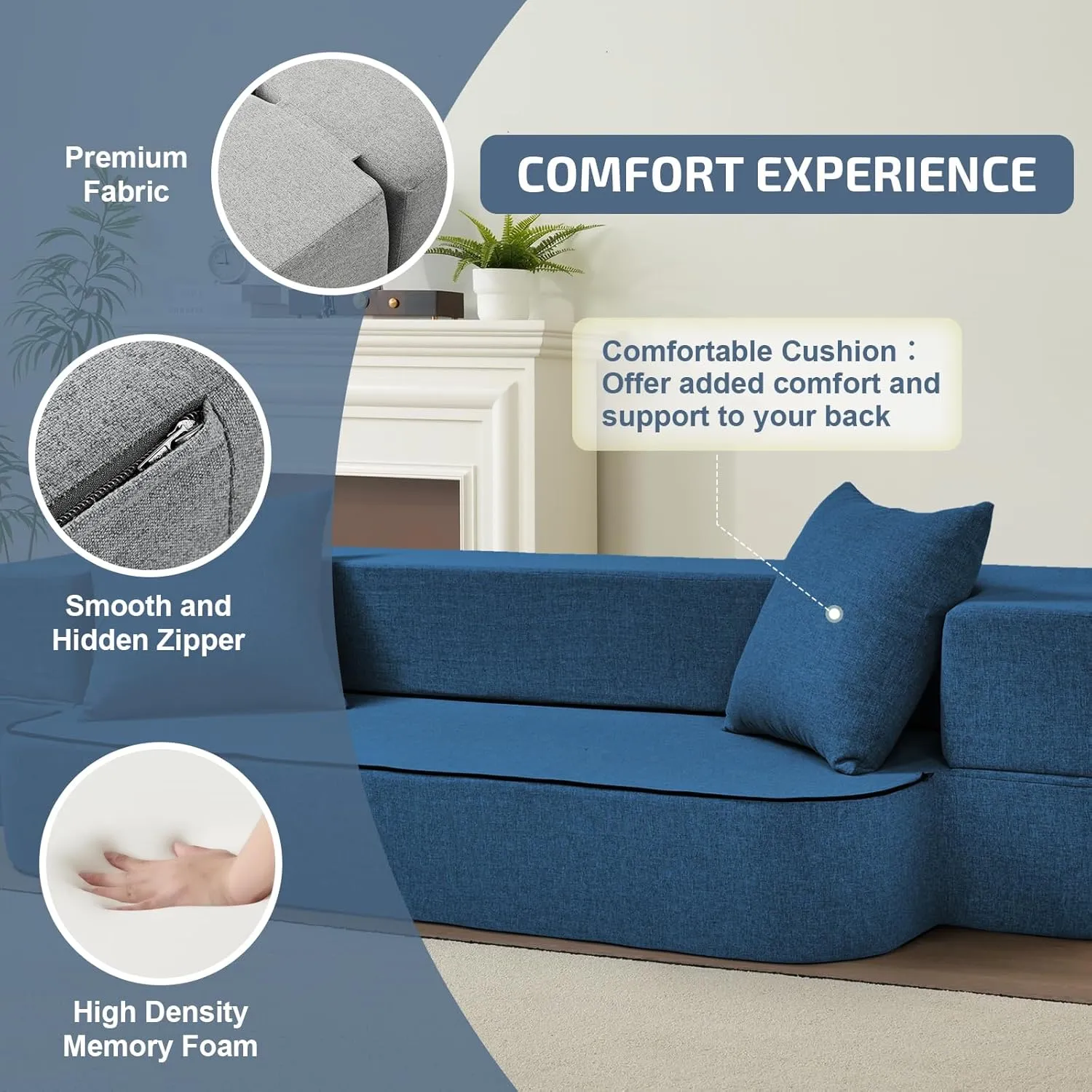 2-in-1 Folding Sofa Bed with 2 Pillows - Folding Chair Floor Couch & Sleeping Mattress - Washable Cover & Memory Foam Sleeper Chair for Living Room/Guest Room/Apartment/Loft, Navy Blue, Twin XL