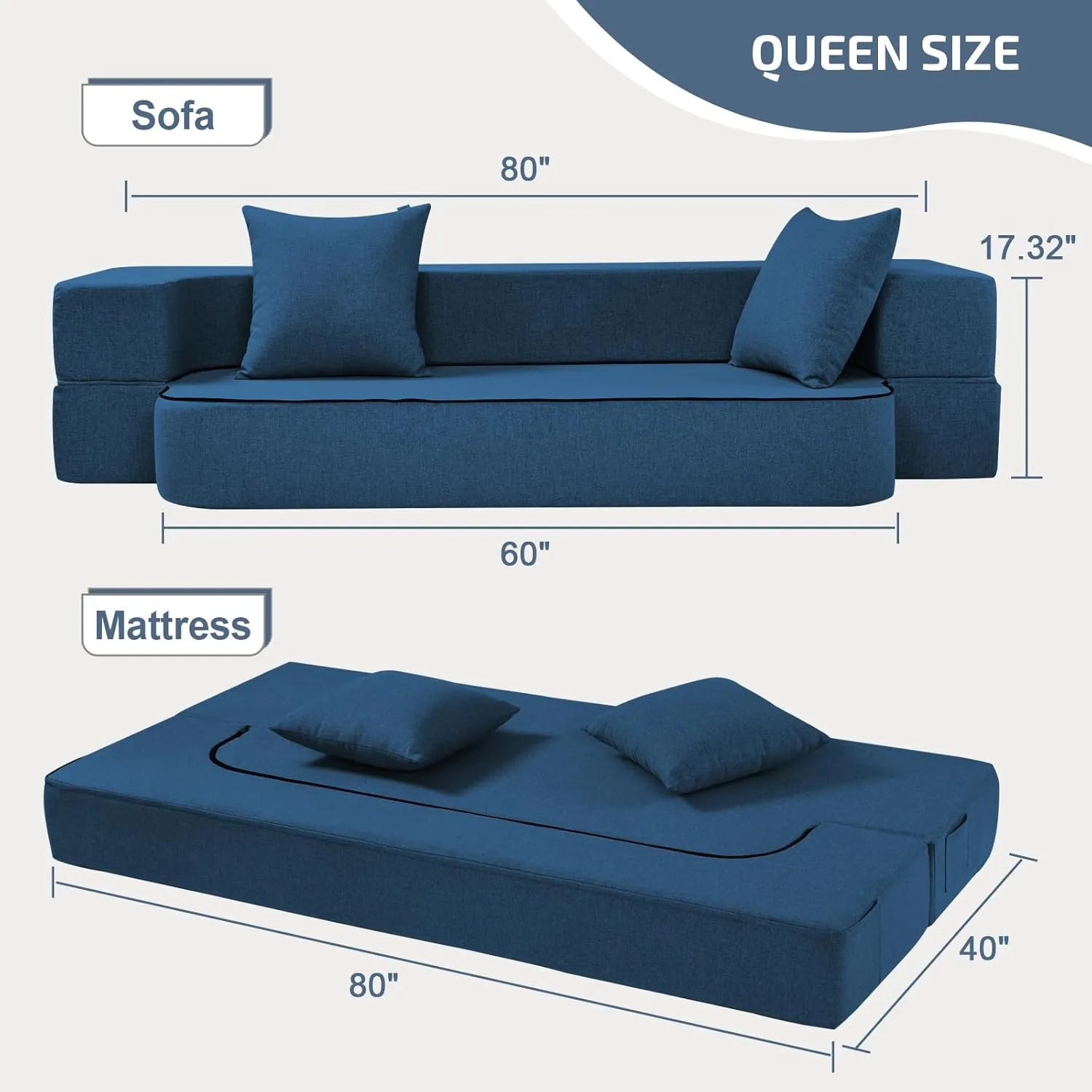 2-in-1 Folding Sofa Bed with 2 Pillows - Folding Chair Floor Couch & Sleeping Mattress - Washable Cover & Memory Foam Sleeper Chair for Living Room/Guest Room/Apartment/Loft, Navy Blue, Twin XL