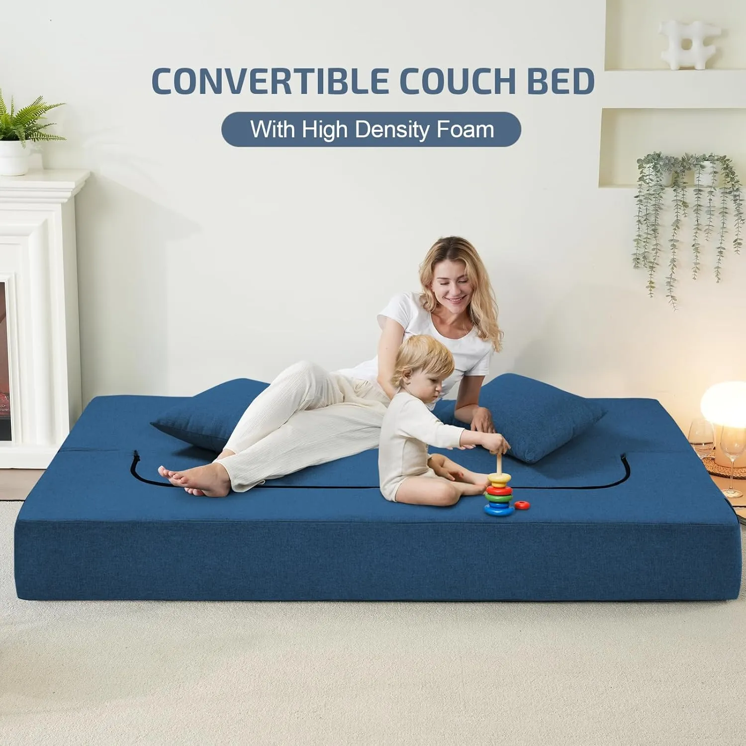 2-in-1 Folding Sofa Bed with 2 Pillows - Folding Chair Floor Couch & Sleeping Mattress - Washable Cover & Memory Foam Sleeper Chair for Living Room/Guest Room/Apartment/Loft, Navy Blue, Twin XL