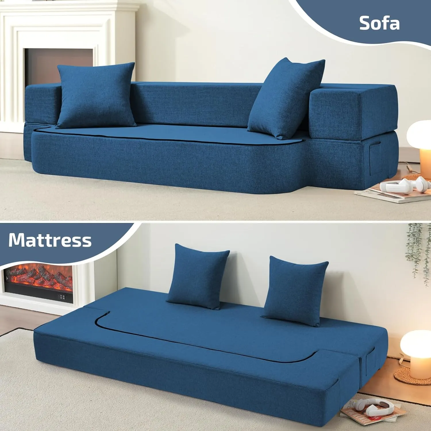 2-in-1 Folding Sofa Bed with 2 Pillows - Folding Chair Floor Couch & Sleeping Mattress - Washable Cover & Memory Foam Sleeper Chair for Living Room/Guest Room/Apartment/Loft, Navy Blue, Twin XL