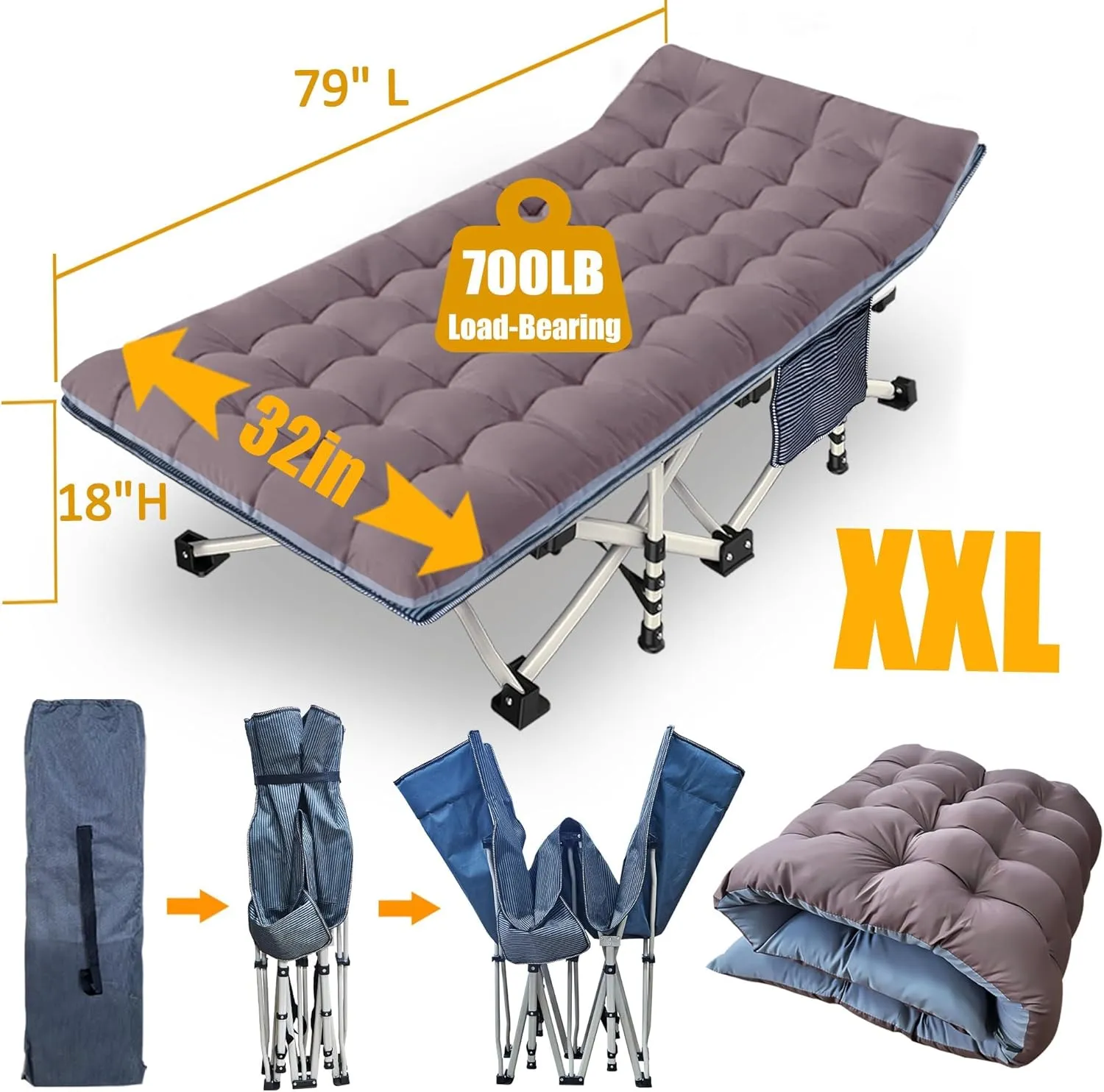 2-Pack Oversize XXL Cot with Mattress Comfortable Camping Cot for Adults Extra Wide Cots for Sleeping with Carry Bag Camping Bed Folding Cot 79" L x 32" W x 18" H Heavy Duty for Home Office Outdoor