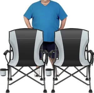 2 Pack Oversized Folding Camping Chair for Adults，Supports 450 lbs Camping Chairs，Heavy Duty Lawn Chair with Side Pockets，Outdoor Camping, Beach, Fishing, Hiking Foldable Camping Chair (Black-Gray-2)
