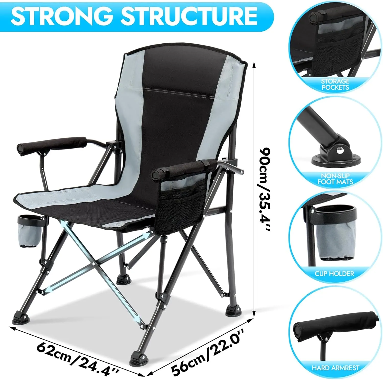 2 Pack Oversized Folding Camping Chair for Adults，Supports 450 lbs Camping Chairs，Heavy Duty Lawn Chair with Side Pockets，Outdoor Camping, Beach, Fishing, Hiking Foldable Camping Chair (Black-Gray-2)