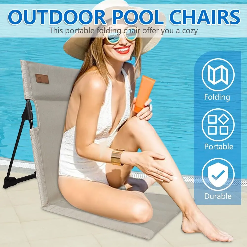 2 Pcs Foldable Pool Chair, Portable Beach Chairs, Lightweight with Back Rest with Carrying Bag, Sunbathing Beach Mat Suitable for Pool Camping Picnic Lawn (Beige)
