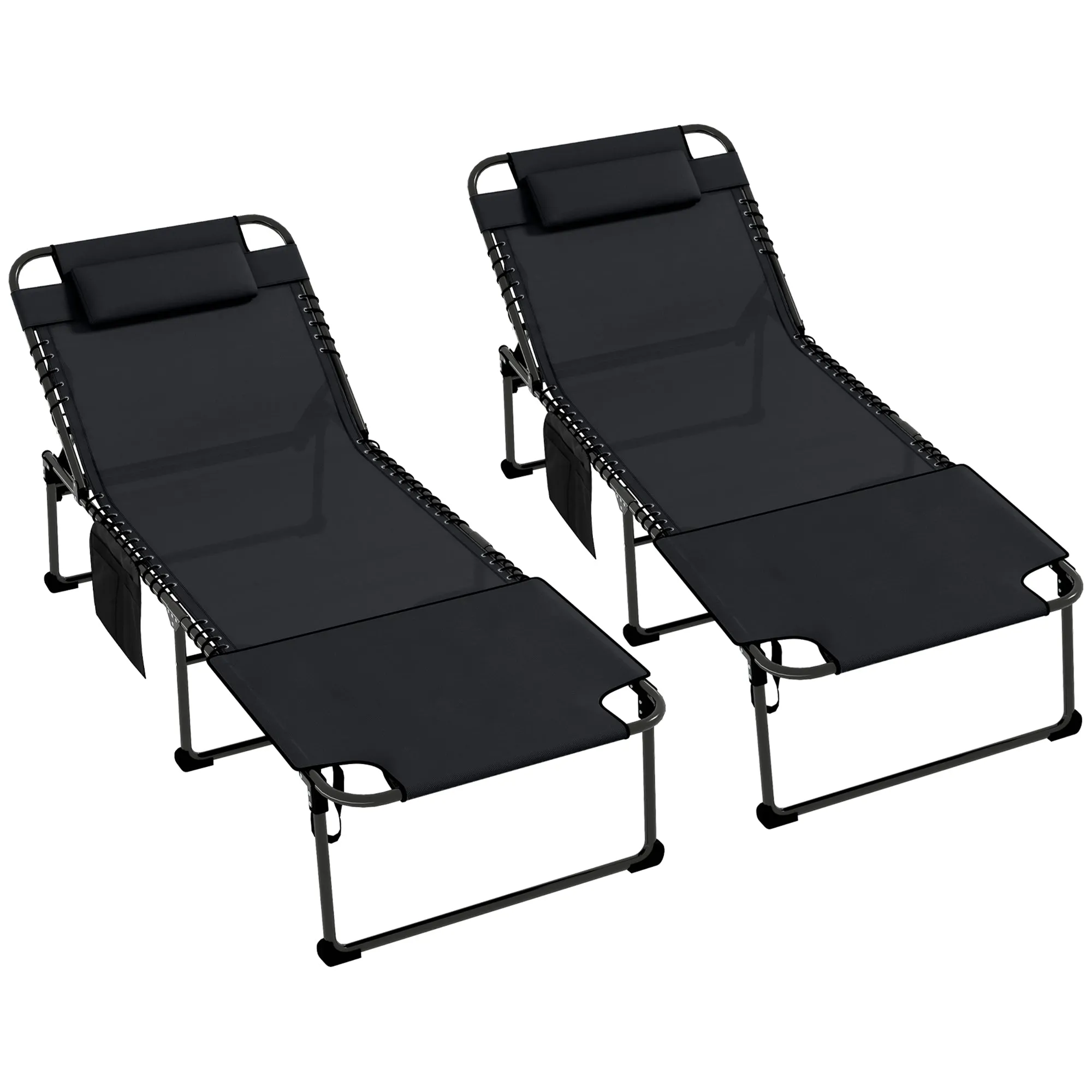 2-Piece Folding Chaise Lounge with 5-Level Reclining Back, Reading Hole & Side Pocket, Black