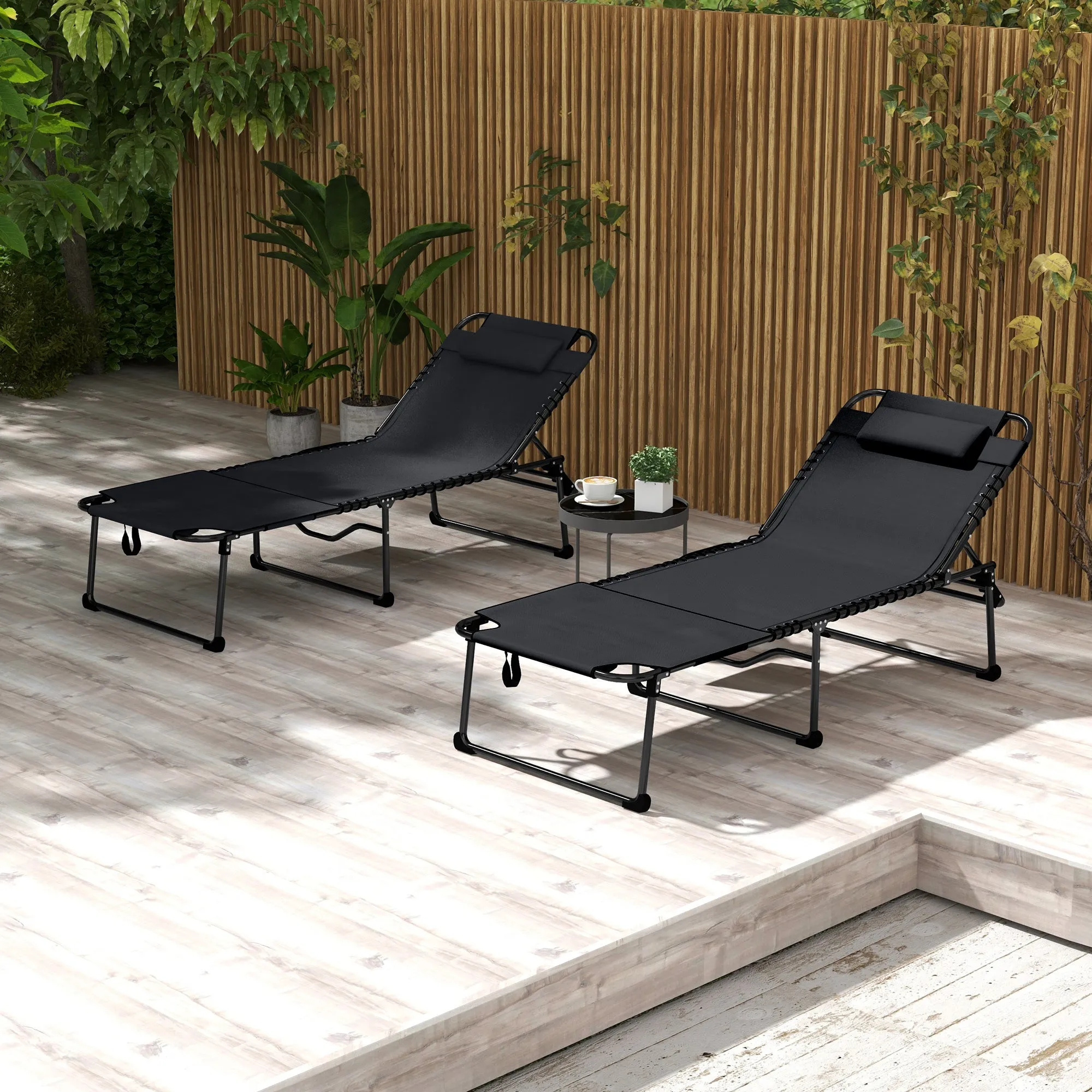 2-Piece Folding Chaise Lounge with 5-Level Reclining Back, Reading Hole & Side Pocket, Black