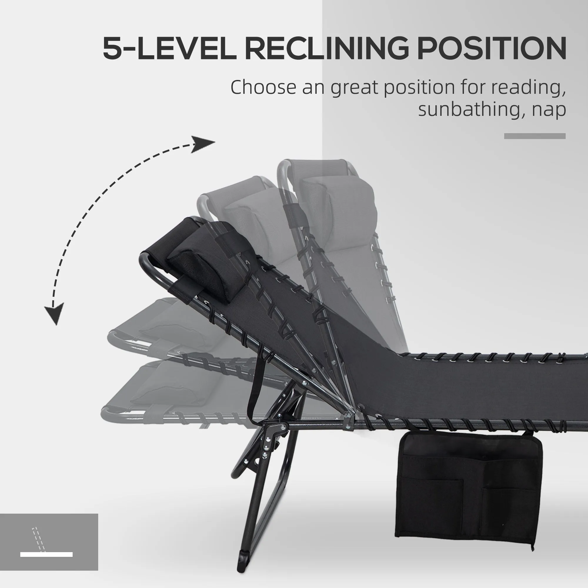 2-Piece Folding Chaise Lounge with 5-Level Reclining Back, Reading Hole & Side Pocket, Black