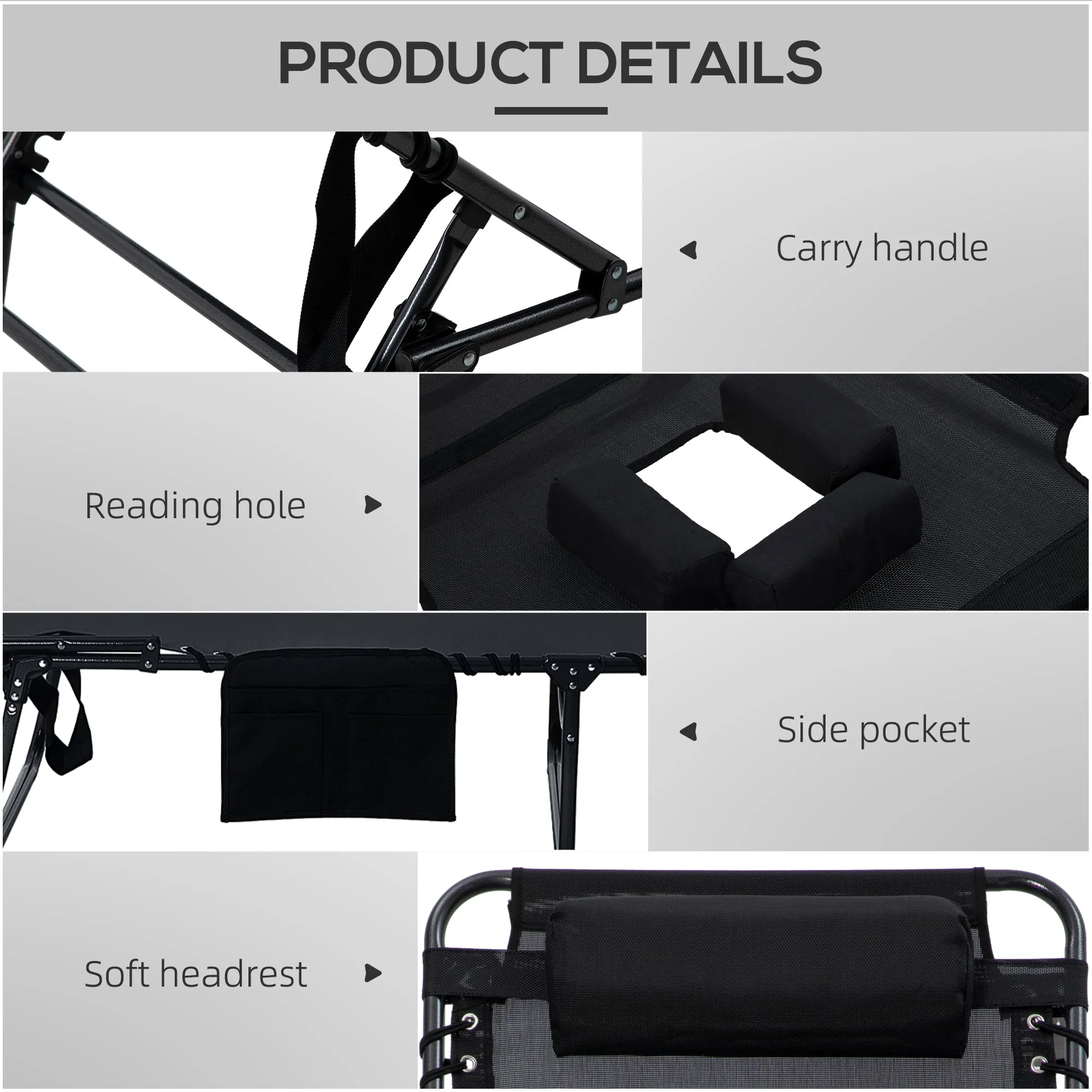 2-Piece Folding Chaise Lounge with 5-Level Reclining Back, Reading Hole & Side Pocket, Black