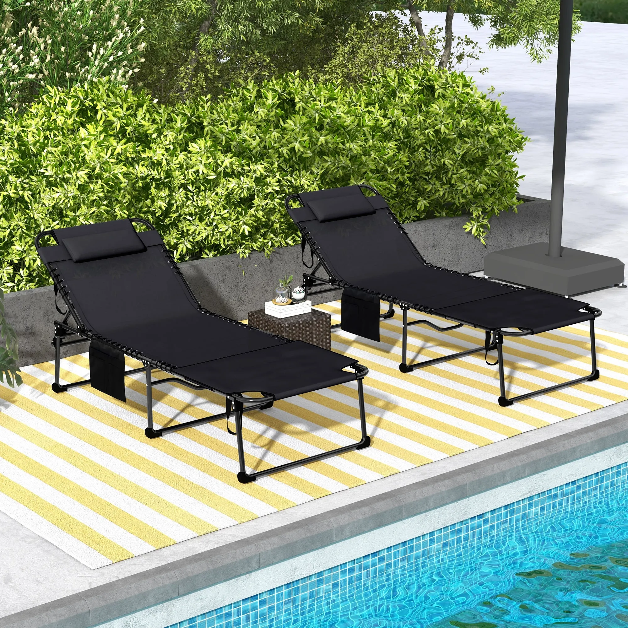 2-Piece Folding Chaise Lounge with 5-Level Reclining Back, Reading Hole & Side Pocket, Black