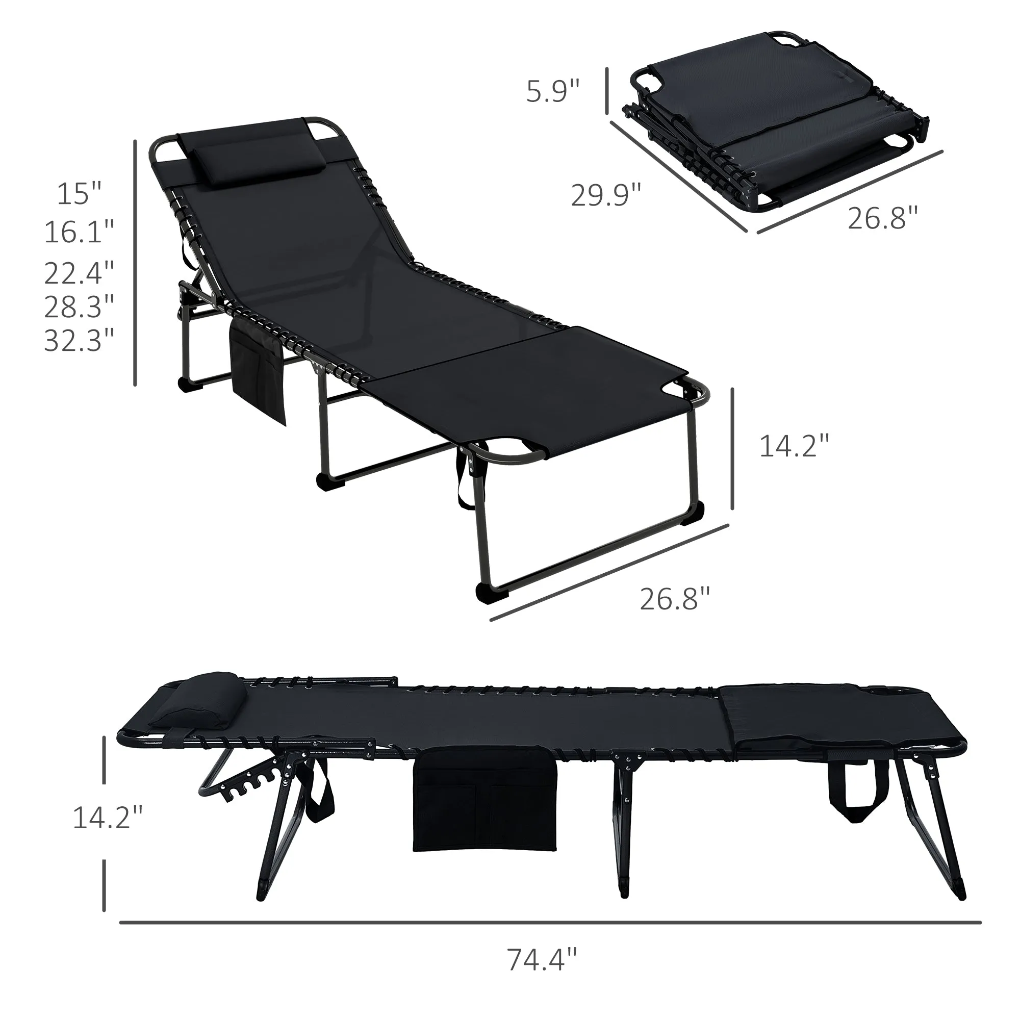 2-Piece Folding Chaise Lounge with 5-Level Reclining Back, Reading Hole & Side Pocket, Black