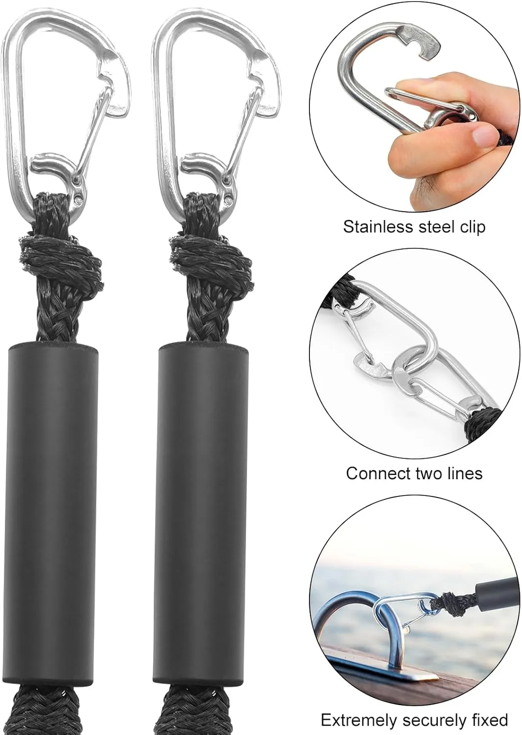 2 PK Bungee Dock Lines for Boats 2FT with 316 Stainless Clip Boat Accessories Marine Grade Boat Rope Boating Accessories Boat Dock Lines Jet Ski or PWC Mooring Boat Lines & Dock Ties (Black, 2 FT)