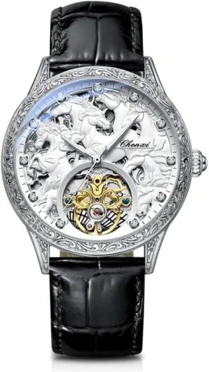 2024 Men Fashion Design Horse Watches Leather Strap Automatic Mechanical Watches Men Luxury Tourbillon Wristwatches