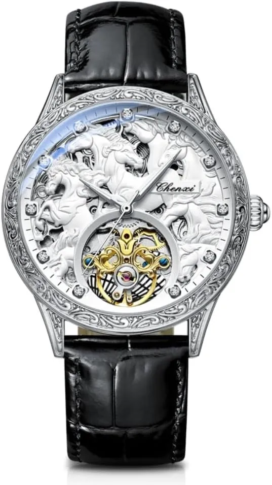2024 Men Fashion Design Horse Watches Leather Strap Automatic Mechanical Watches Men Luxury Tourbillon Wristwatches