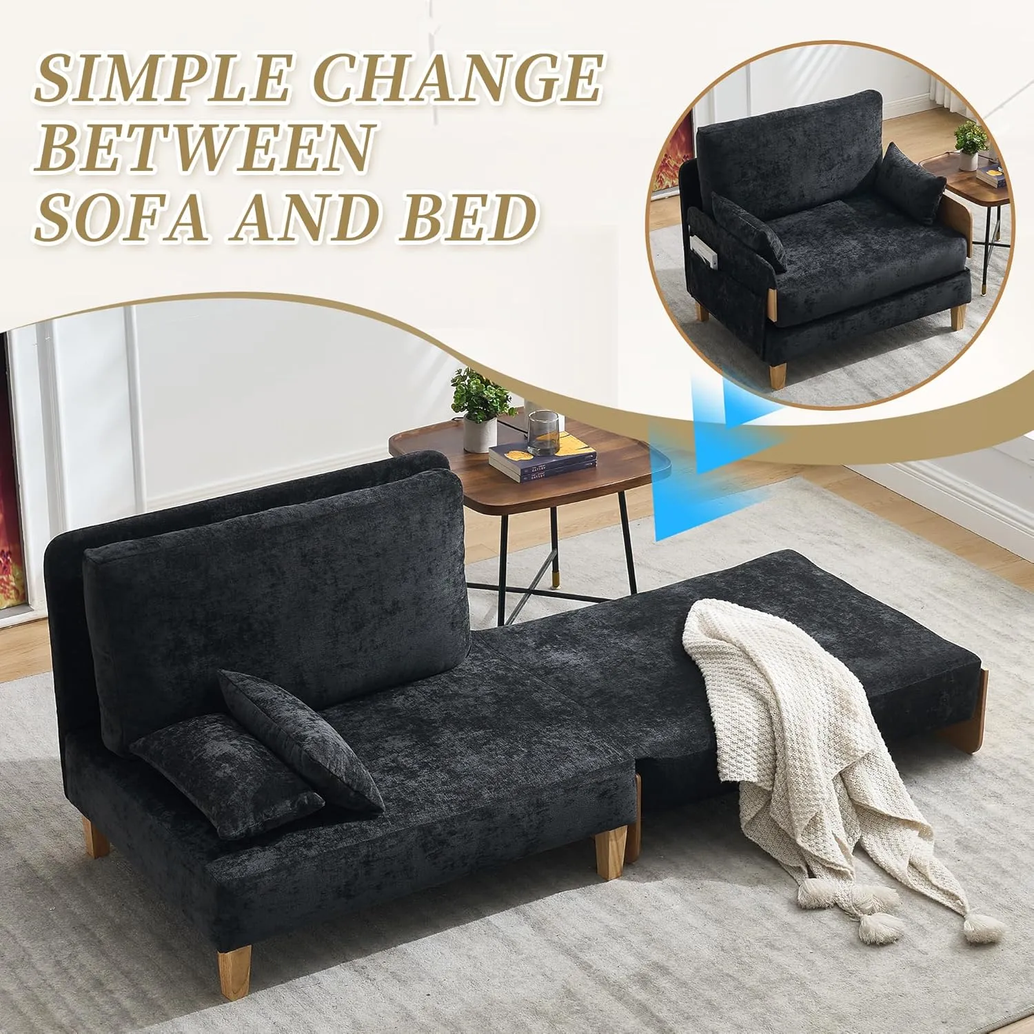 3-in-1 Foldable Sofa Bed Recliner Sleeper, Mid-Century Modern Convertible Sofa Chair with 3 Pillows, Space-Saving Design for Small Spaces, Bedroom, Study & Guest Room, Black