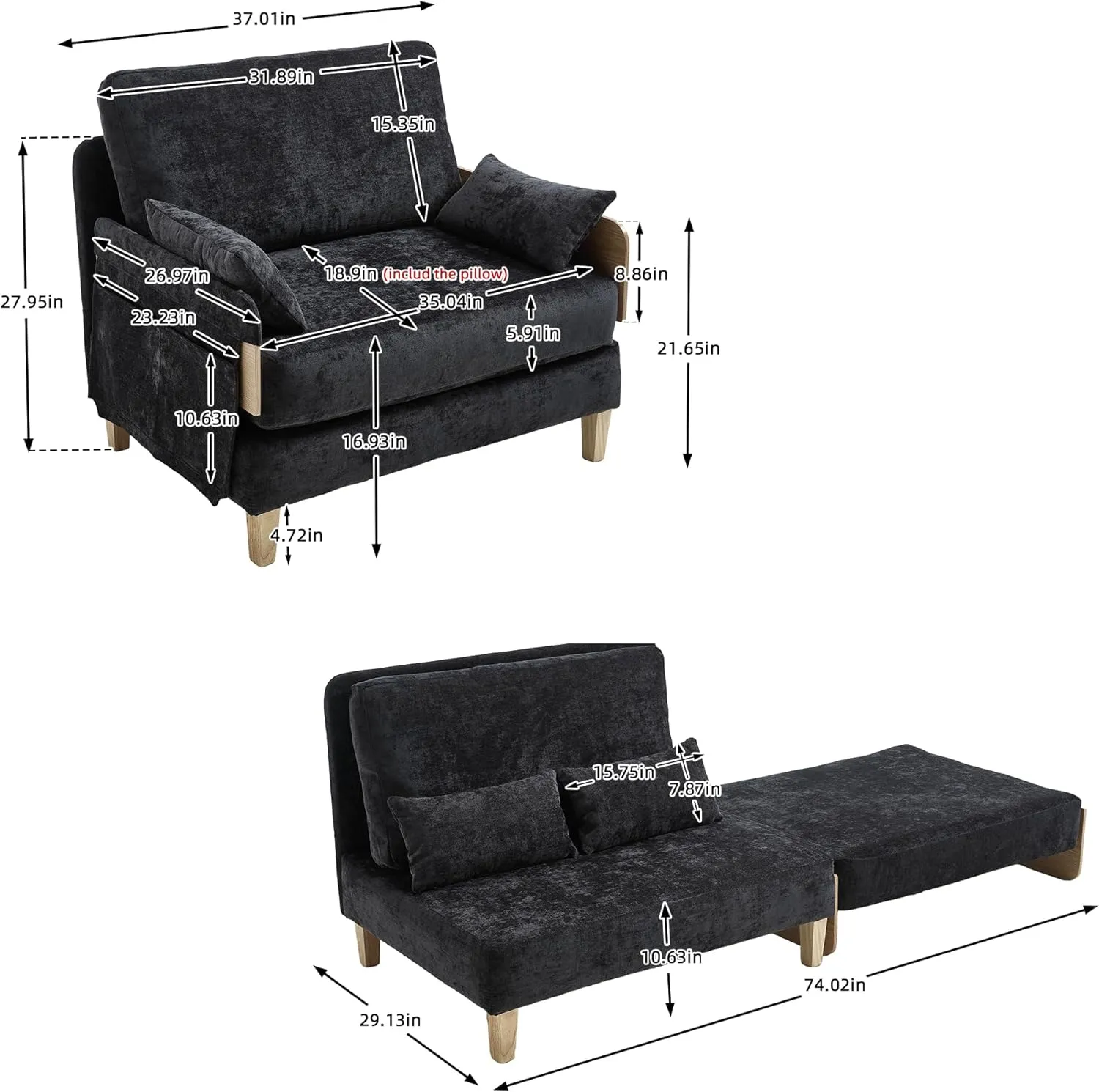 3-in-1 Foldable Sofa Bed Recliner Sleeper, Mid-Century Modern Convertible Sofa Chair with 3 Pillows, Space-Saving Design for Small Spaces, Bedroom, Study & Guest Room, Black