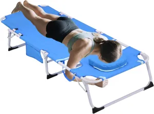 3-in-1 Heavy Duty Tanning Chair with Adjustable 5-Position Recline & Face Hole, Portable Folding Chaise Lounge Chair for Outdoor Sunbathing, Pool, Patio, Lawn, Camping & Deck (White Blue)