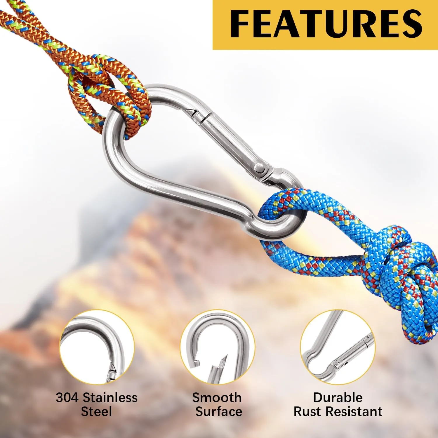 304 Stainless Steel Carabiner 2 inch, 3 inch, 4 inch, 5 Inch.Heavy Duty Carabiner Clips.Stainless Steel Spring Snap Hooks for Camping ＆ Travelling.