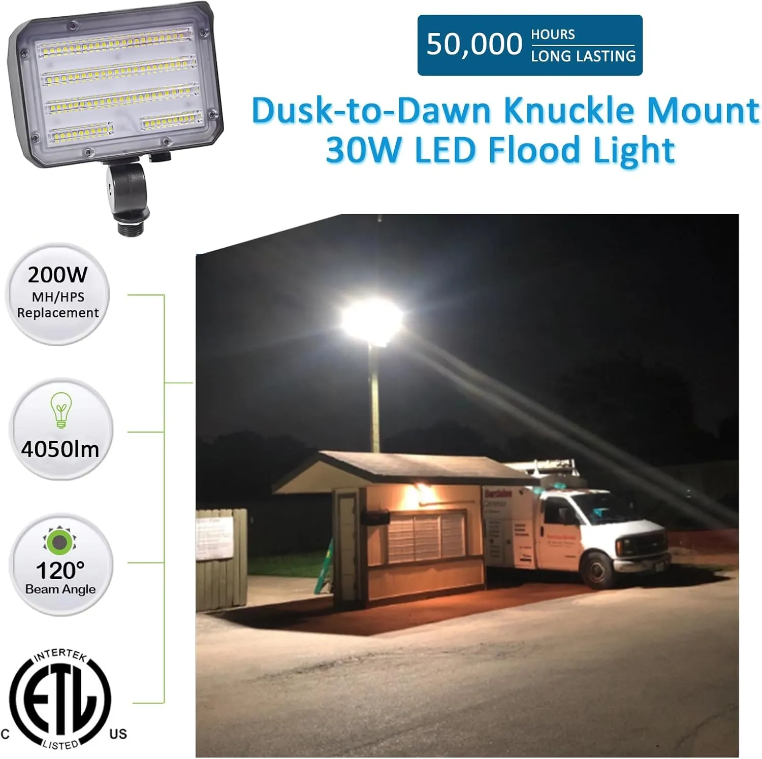 30W LED Flood Light with Knuckle, Outdoor Security Fixture Light with Dusk-to-Dawn Photocell 5000K 4,050lm(200W Equivalent) Waterproof with Base AC100-277V for Wall Mount Entrance Garden Yard