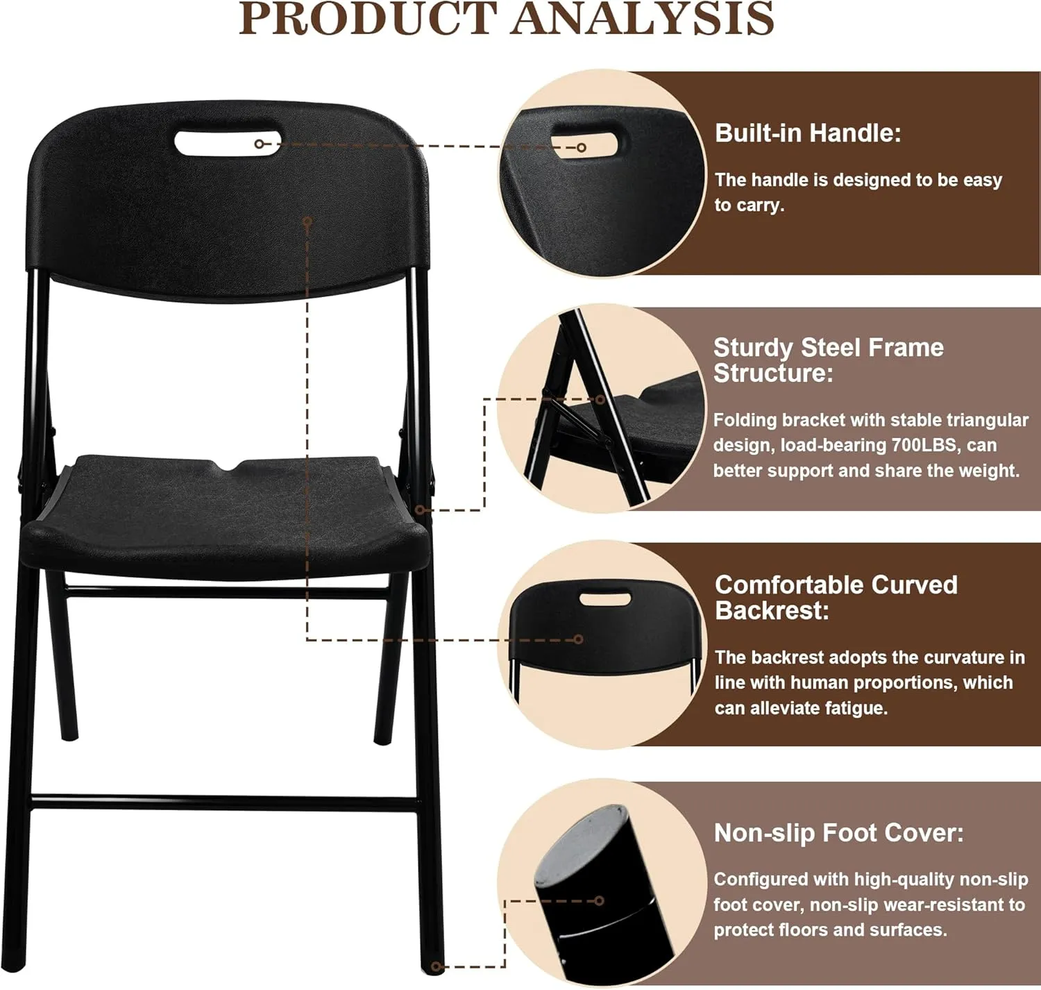 4 Pack Folding Chair, 700 lb Weight Capacity,Indoor/Outdoor Heavy Duty Foldable Chairs for Restaurants, Kitchens, Picnics, Races, Parties & Weddings. (4, Black)