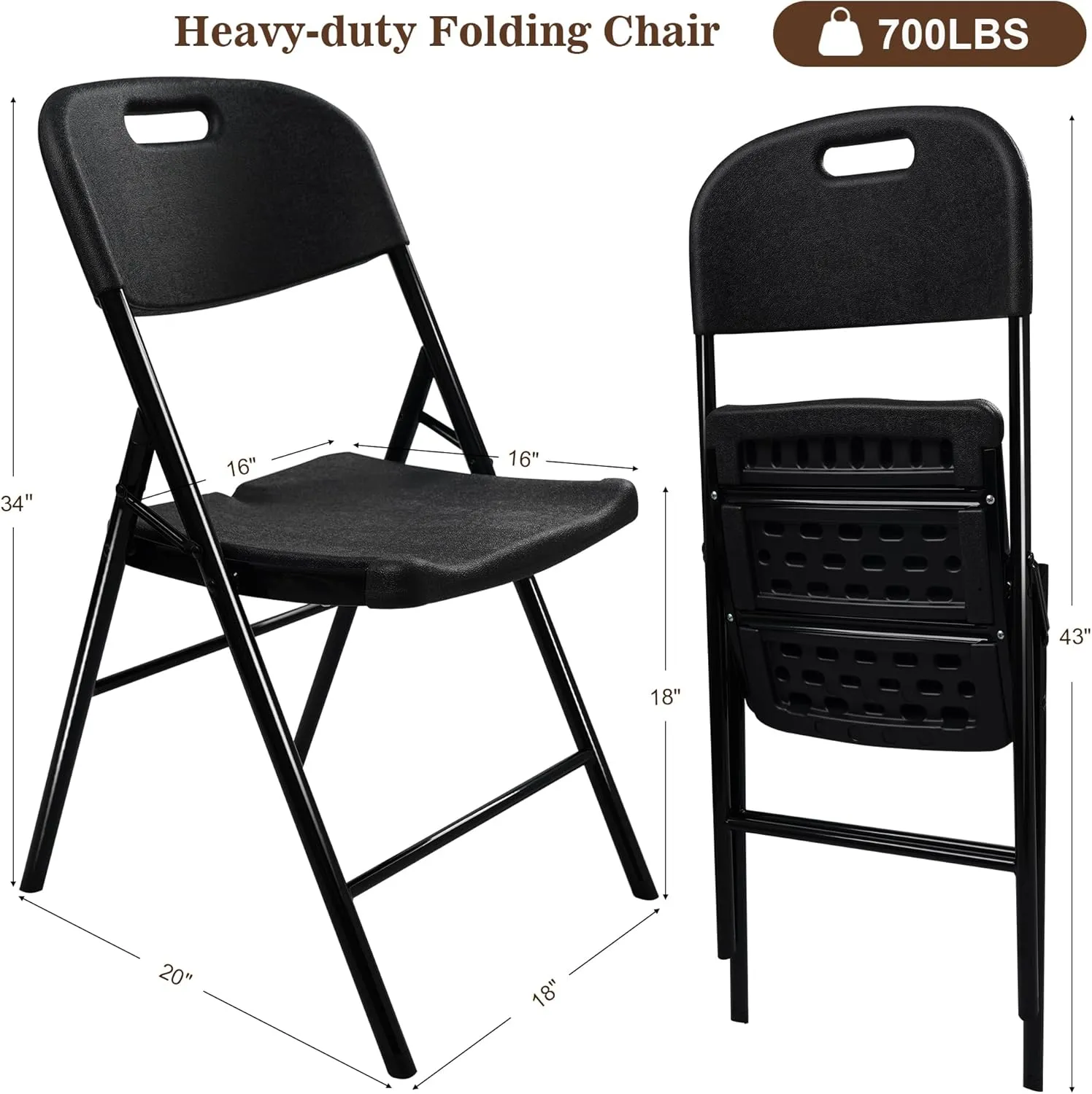 4 Pack Folding Chair, 700 lb Weight Capacity,Indoor/Outdoor Heavy Duty Foldable Chairs for Restaurants, Kitchens, Picnics, Races, Parties & Weddings. (4, Black)