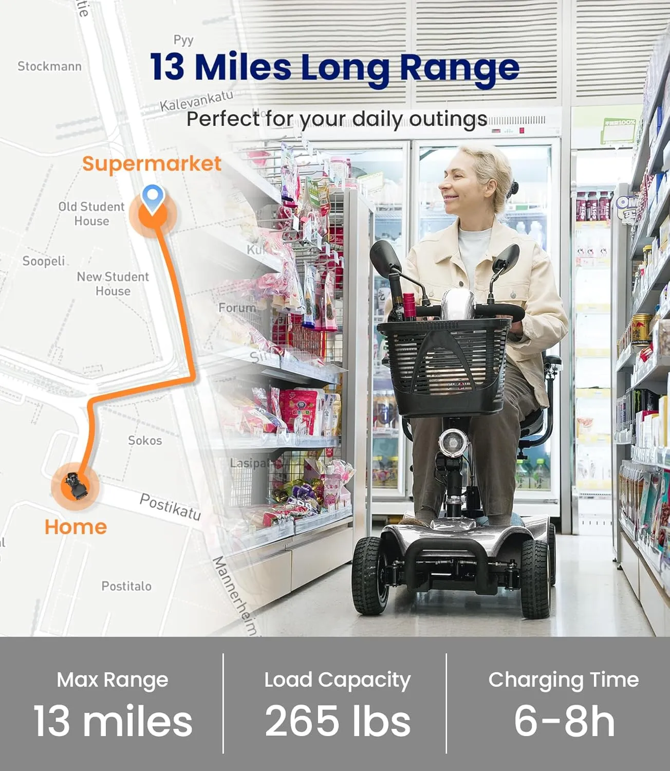 4 Wheel Mobility Scooter, Electric Powered Chargeable Electric Mobility Scooters, Heavy Duty Foldable Motorized Scooter with Headlight, Basket, Charger, FSA/HSA Eligible, D41 (Silver)