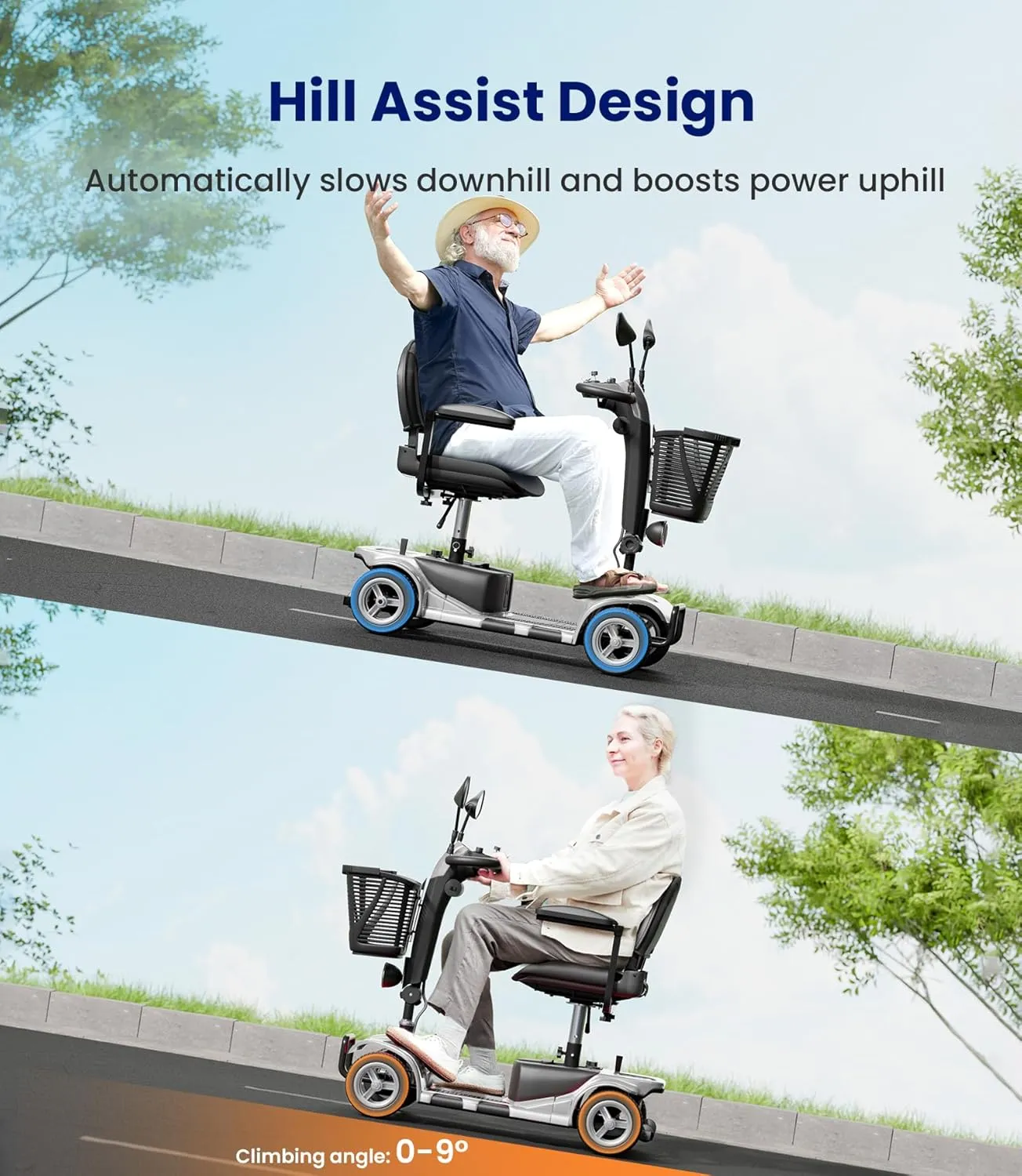 4 Wheel Mobility Scooter, Electric Powered Chargeable Electric Mobility Scooters, Heavy Duty Foldable Motorized Scooter with Headlight, Basket, Charger, FSA/HSA Eligible, D41 (Silver)