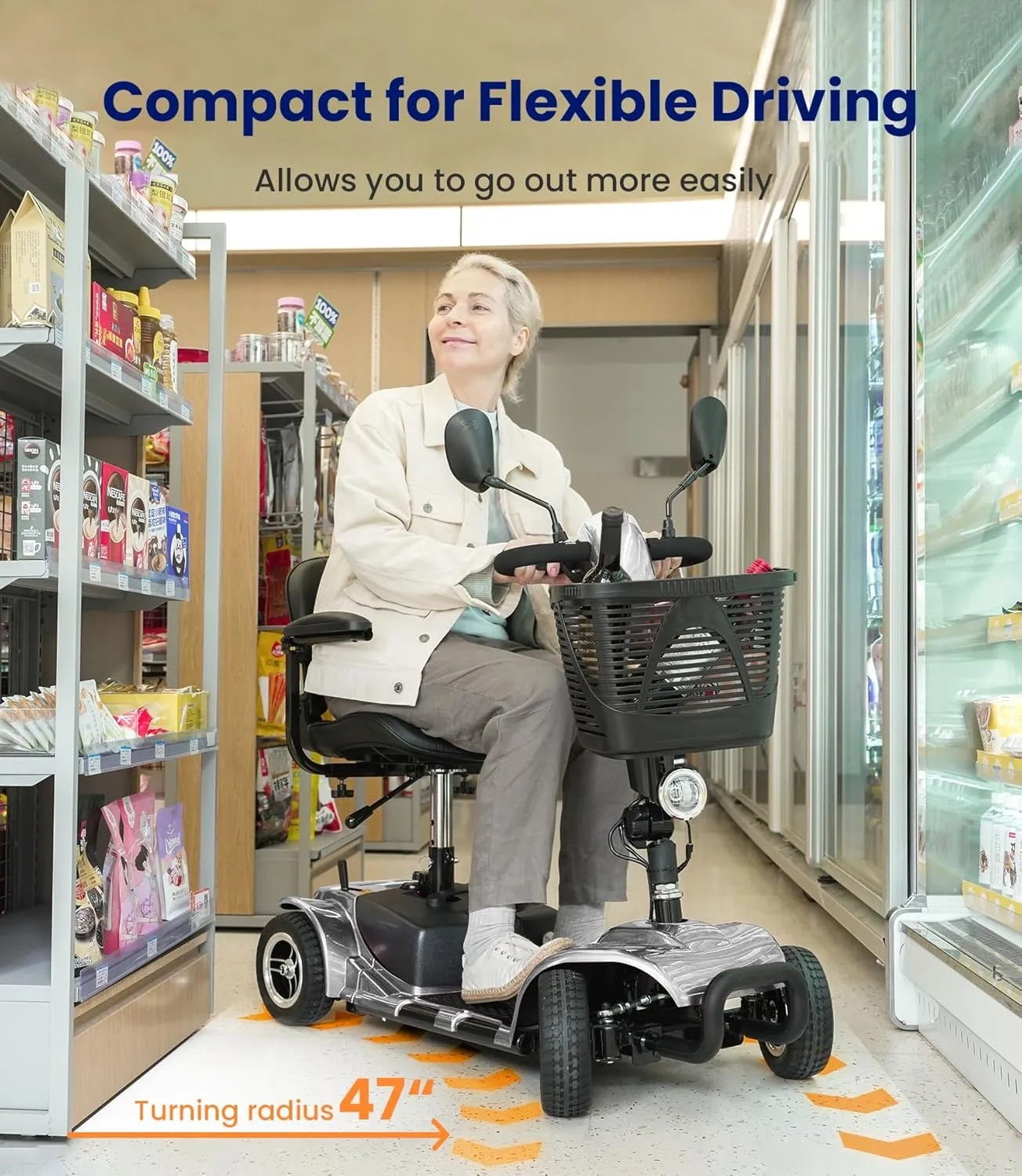 4 Wheel Mobility Scooter, Electric Powered Chargeable Electric Mobility Scooters, Heavy Duty Foldable Motorized Scooter with Headlight, Basket, Charger, FSA/HSA Eligible, D41 (Silver)