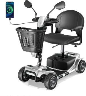 4 Wheel Mobility Scooter, Electric Powered Chargeable Electric Mobility Scooters, Heavy Duty Foldable Motorized Scooter with Headlight, Basket, Charger, FSA/HSA Eligible, D41 (Silver)