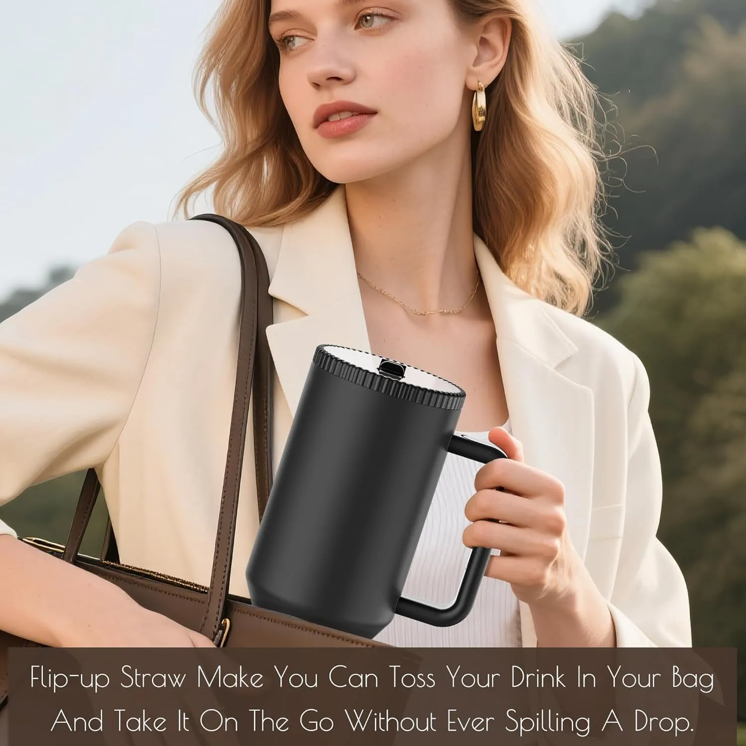 40 oz Tumbler with Handle and Flip Straw Lid - Upgraded Traveler 40oz Tumblers with Lids Straws Vacuum Insulated Leak Proof Stainless Steel Cup Mug Gifts for Men Women Him Her (Black)