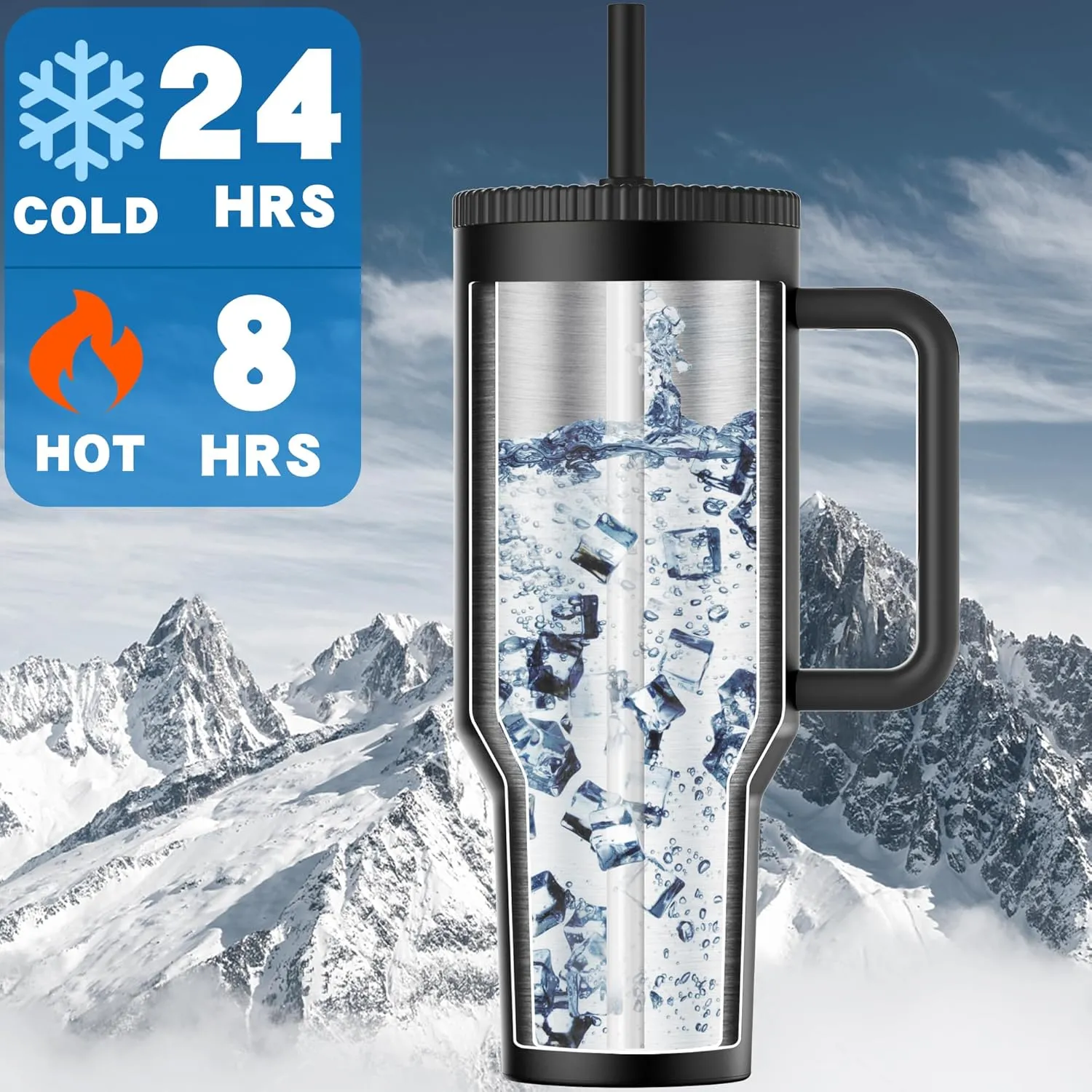 40 oz Tumbler with Handle and Flip Straw Lid - Upgraded Traveler 40oz Tumblers with Lids Straws Vacuum Insulated Leak Proof Stainless Steel Cup Mug Gifts for Men Women Him Her (Black)