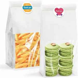 50 Pack Kraft Paper Bread Bags with Clear Window, 11" x 5.1" x 3.9" Bakery Bags Tin Tie Tab Lock Treat Bag Kraft Bread Pouches for Packaging Breads, Cookies, Treat, Pastry(White)