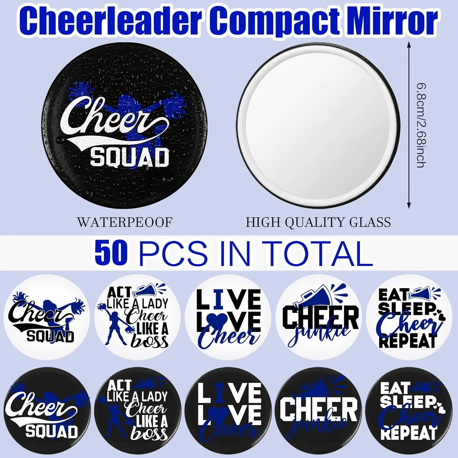 50 Pcs Cheer Gifts Bulk for Team Cheerleader Compact Mirror Bulk Pocket Mirror Cheerleader Party Favors 2.68 Inch Portable Makeup Mirrors for Cheer Team(Blue)