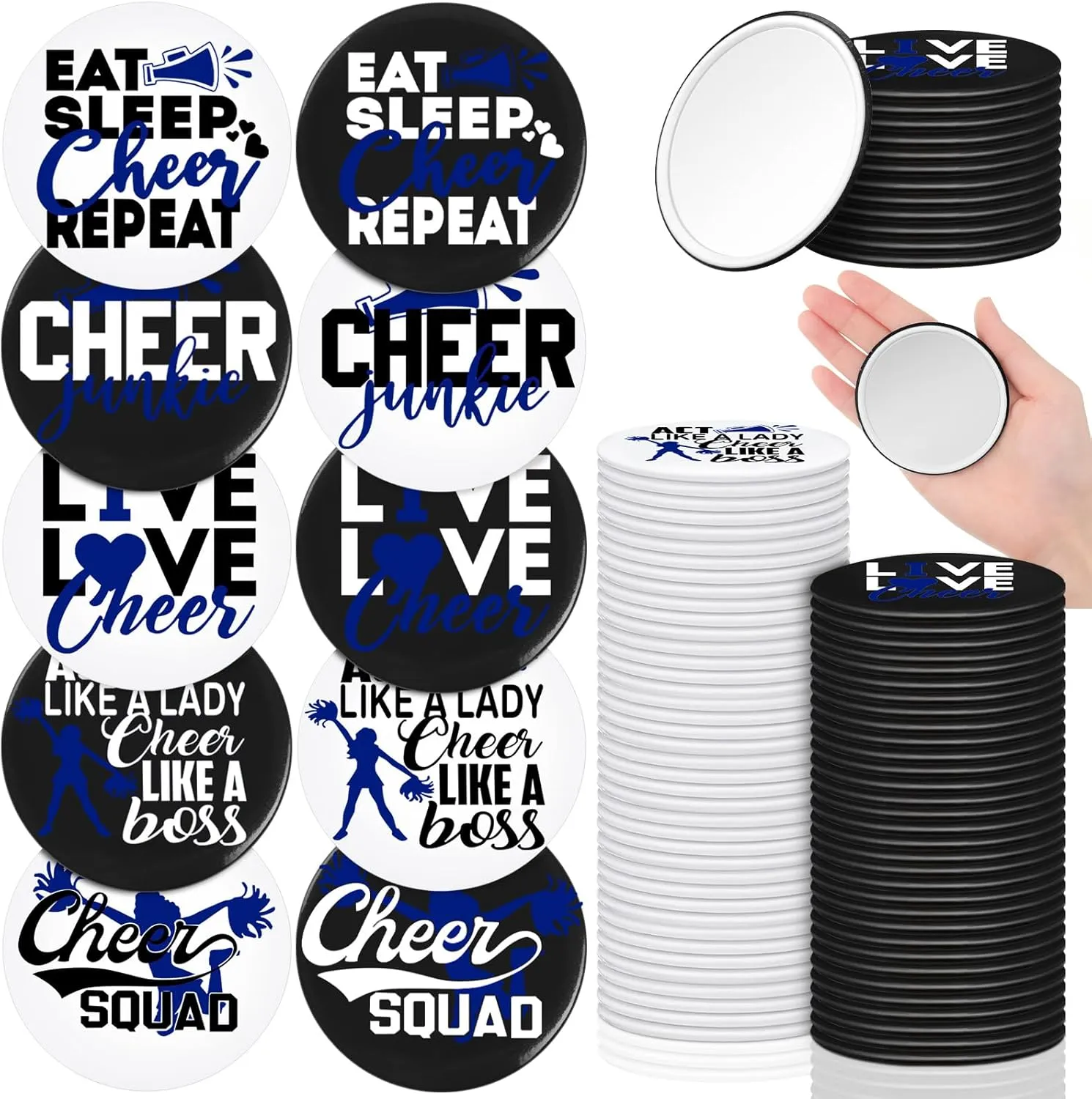 50 Pcs Cheer Gifts Bulk for Team Cheerleader Compact Mirror Bulk Pocket Mirror Cheerleader Party Favors 2.68 Inch Portable Makeup Mirrors for Cheer Team(Blue)