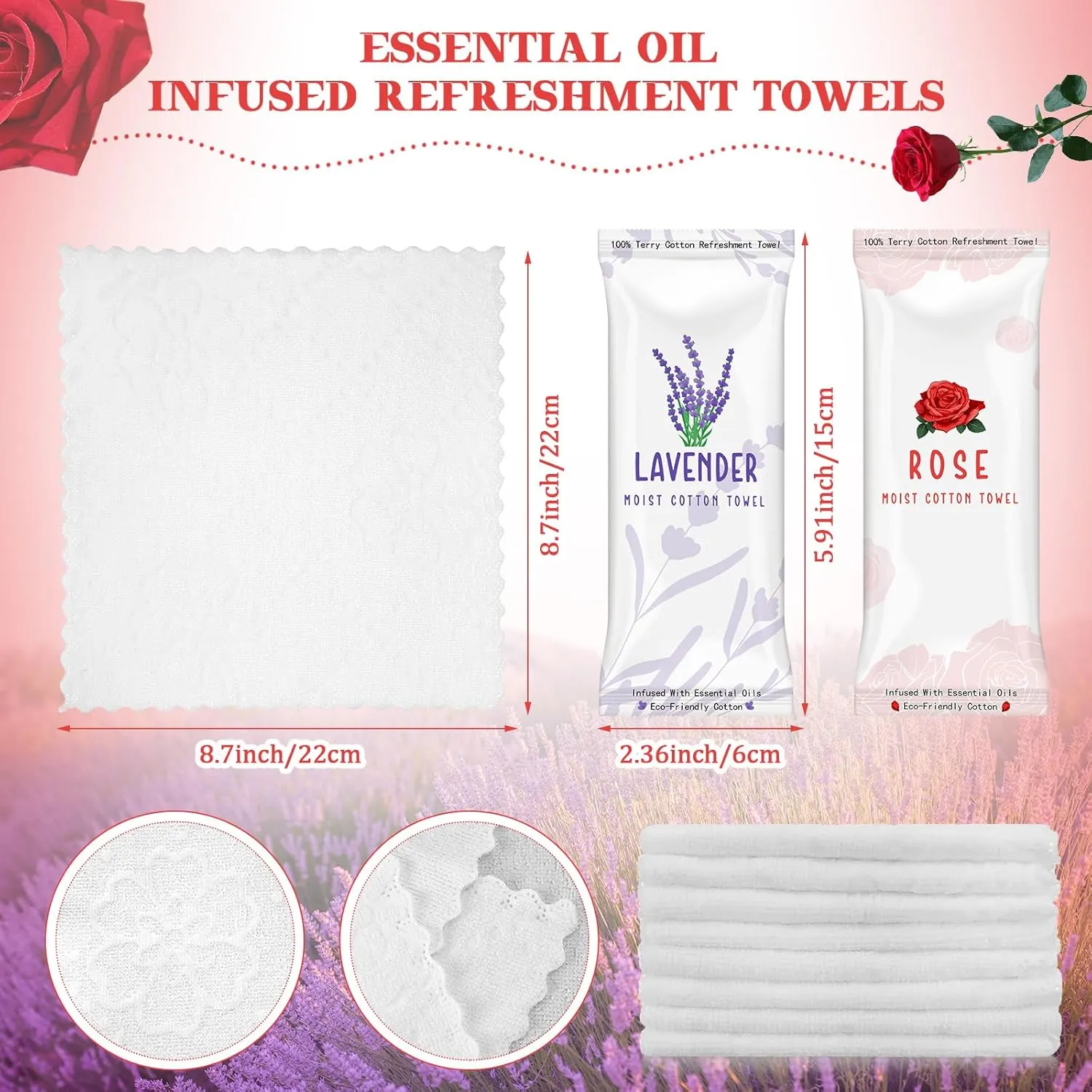50 Pcs Moist Towelettes Individually Wrapped Scented Disposable Face Towels Essential Oil Infused Moist Terry Cotton Towel for Use Hot or Cold Travel Body Spa (Rose, Lavender)