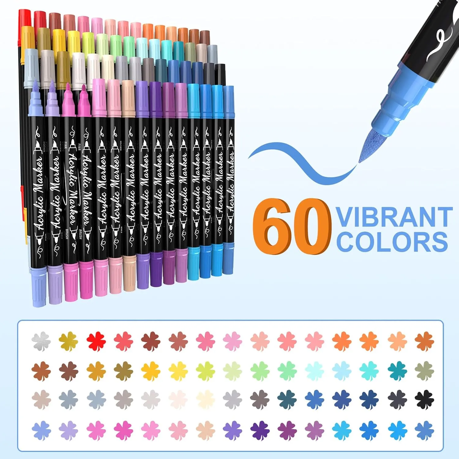 60 Colors Acrylic Paint Markers, Waterproof Dual Tip Acrylic Paint Pens with Brush and Fine Tip, Markers Set for Paper, Rock, Wood, Canvas, Glass, Ceramic and DIY Crafts Making Art Supplies