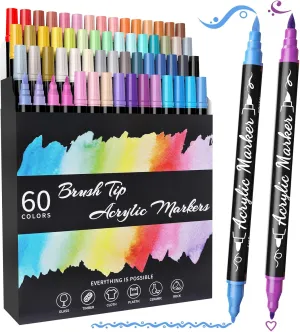 60 Colors Acrylic Paint Markers, Waterproof Dual Tip Acrylic Paint Pens with Brush and Fine Tip, Markers Set for Paper, Rock, Wood, Canvas, Glass, Ceramic and DIY Crafts Making Art Supplies